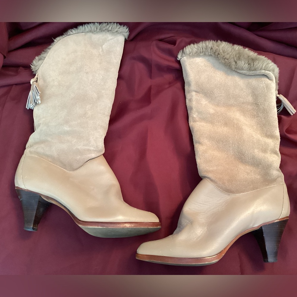 Women's Beige Mid-Calf Suede & Faux Fur  Boots